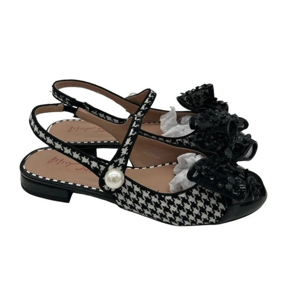 New Betsey Johnson Livy Flats Women's Size 7 Black White Houndstooth Pearl Bow